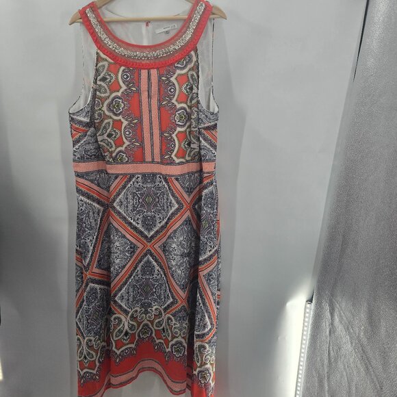 Studio One New York Bohemian Orange Gray Asymmetrical Hem Midi Dress Size 18W - Picture 1 of 9